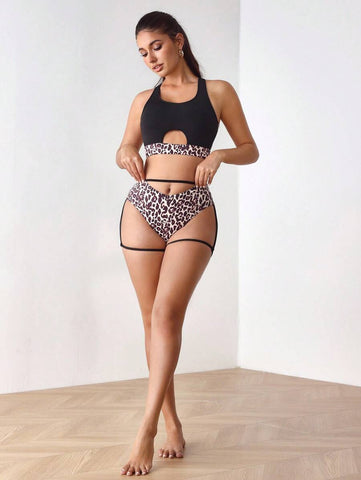 Black & Leopard Print Cut-Out Crop Top & High-Waist Brief Lingerie Set