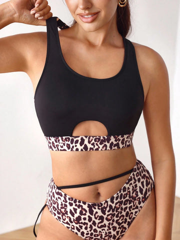 Black & Leopard Print Cut-Out Crop Top & High-Waist Brief Lingerie Set