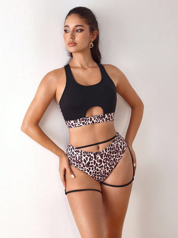 Black & Leopard Print Cut-Out Crop Top & High-Waist Brief Lingerie Set