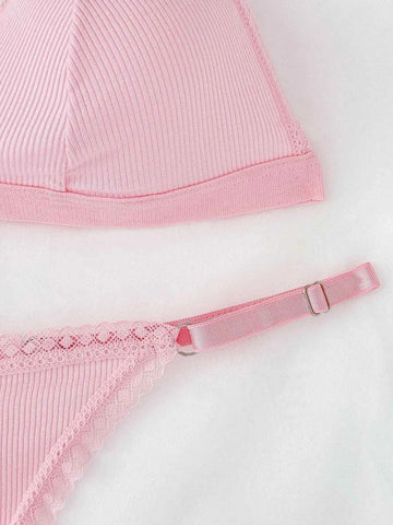 Solid Color Lace Trim Lingerie Set