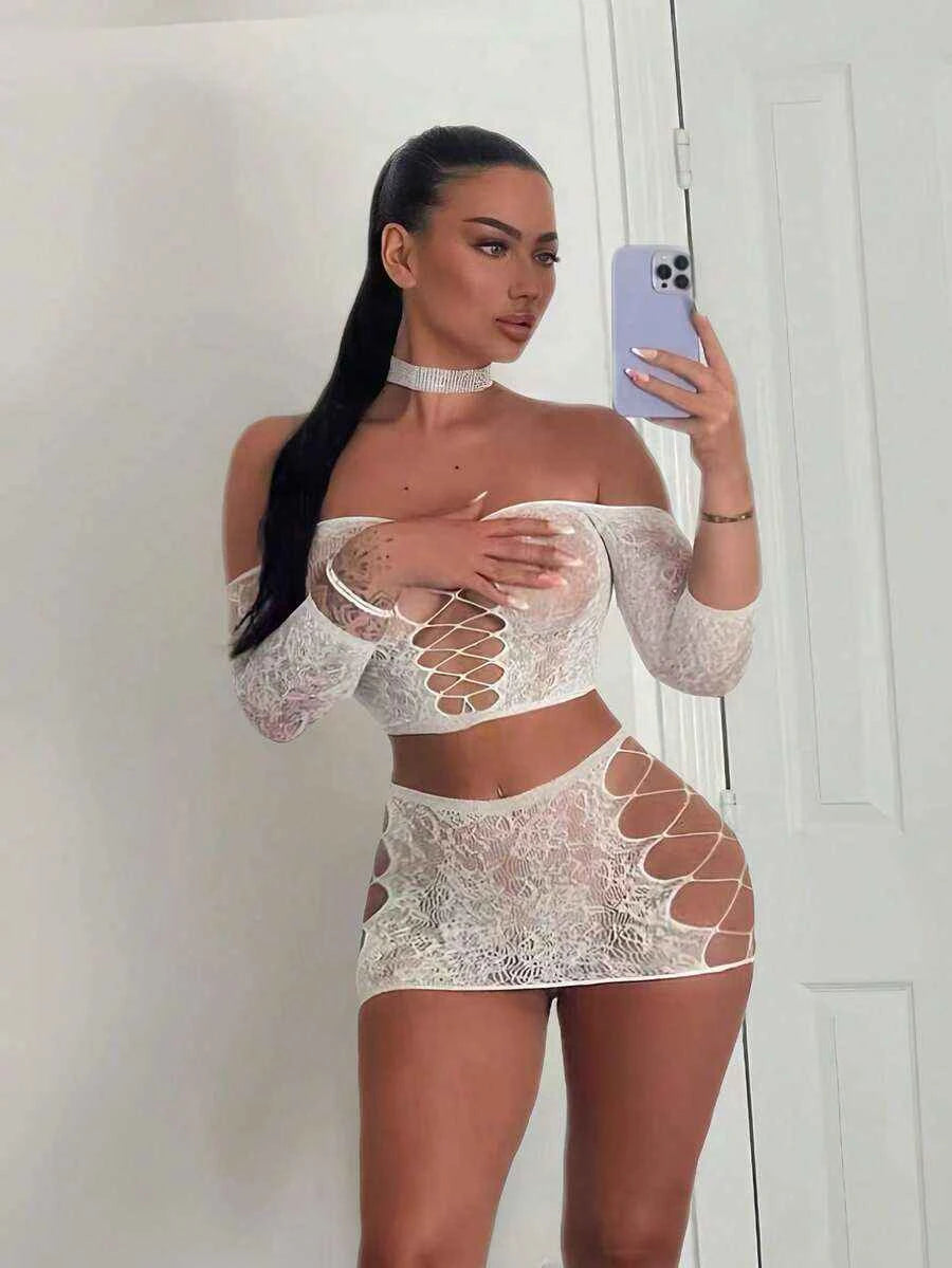 Women's Sexy Lingerie Set, Fishnet Babydoll Jumpsuit 2 Pieces Sleepwear & Bikini Cover Up