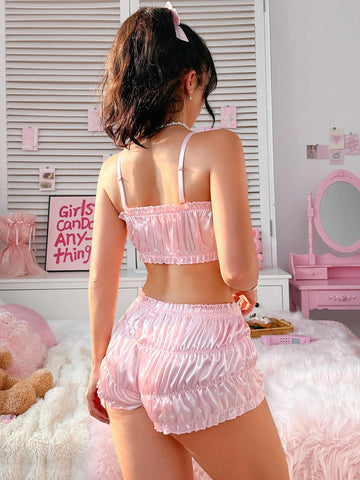 2pc Satin Lace Ruffle Skirt Lingerie Set with Adjustable Strap Bra & Panty