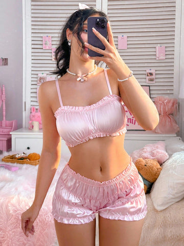 2pc Satin Lace Ruffle Skirt Lingerie Set with Adjustable Strap Bra & Panty