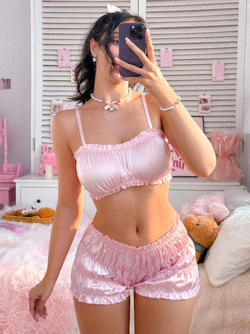 2pc Satin Lace Ruffle Skirt Lingerie Set with Adjustable Strap Bra & Panty