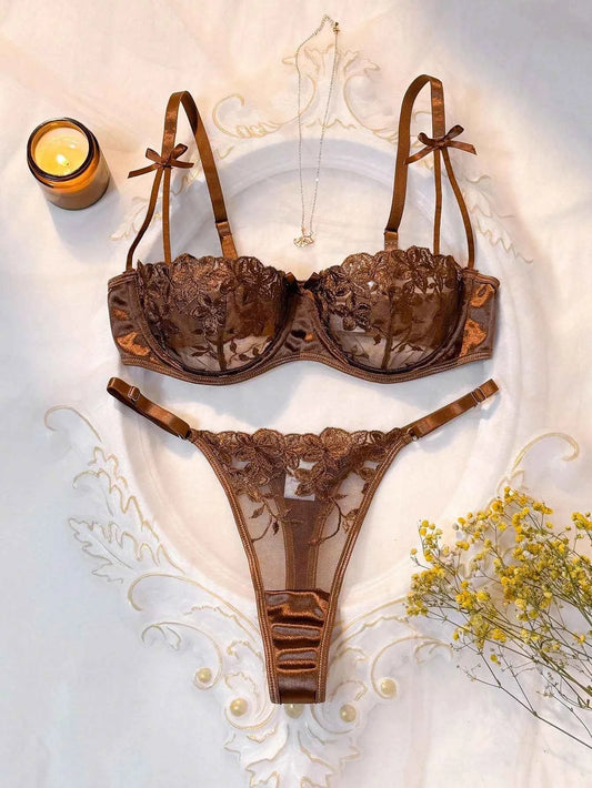 Coffee Brown Floral Embroidery Sheer Mesh Lingerie Set