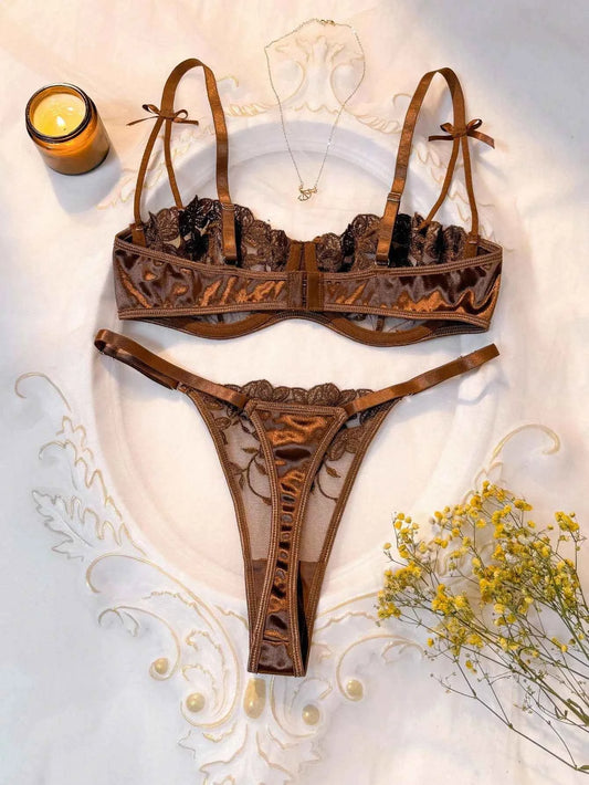 Coffee Brown Floral Embroidery Sheer Mesh Lingerie Set