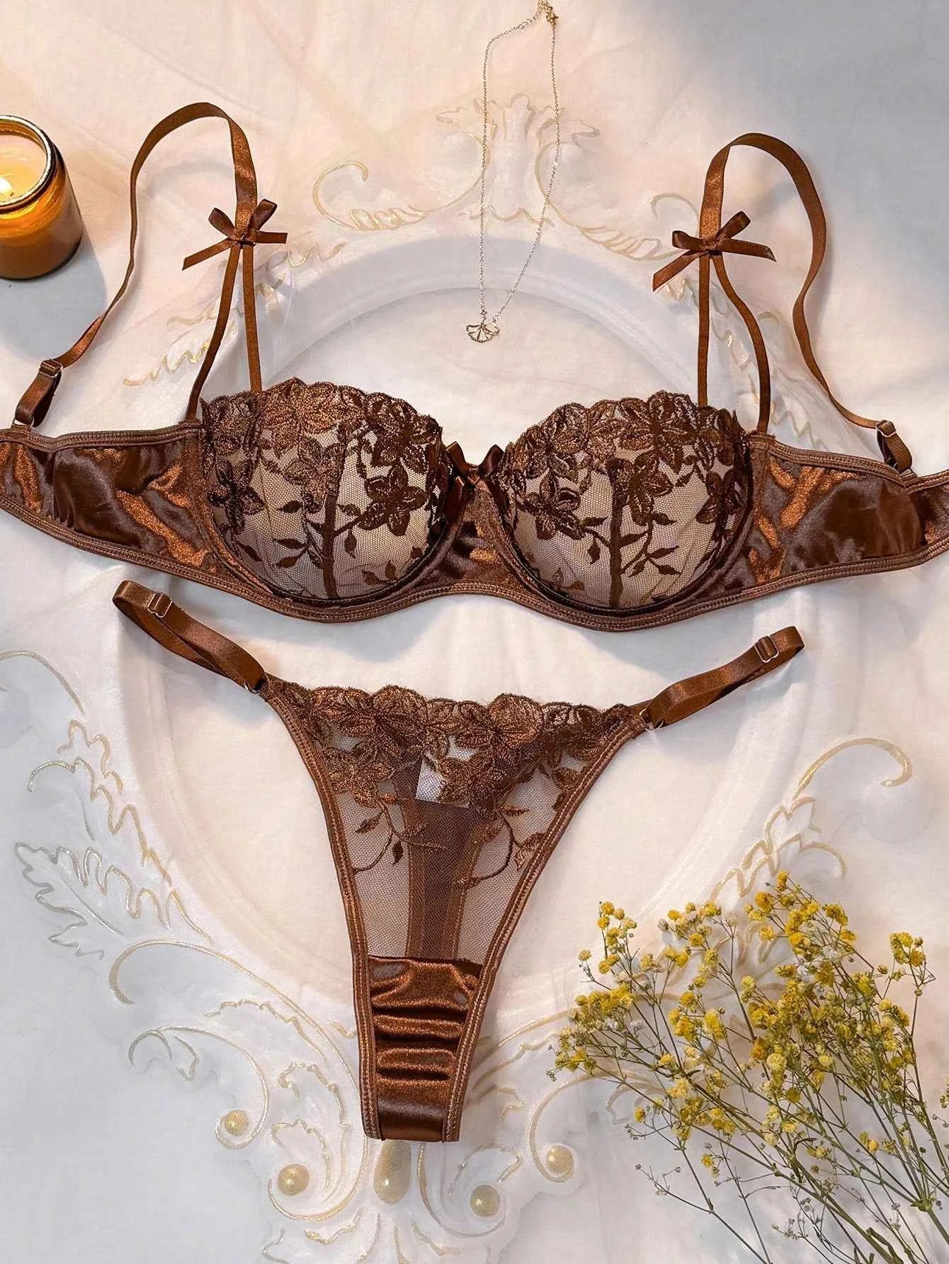 Coffee Brown Floral Embroidery Sheer Mesh Lingerie Set