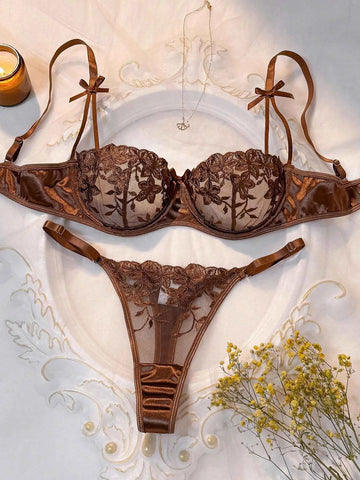 Coffee Brown Floral Embroidery Sheer Mesh Lingerie Set