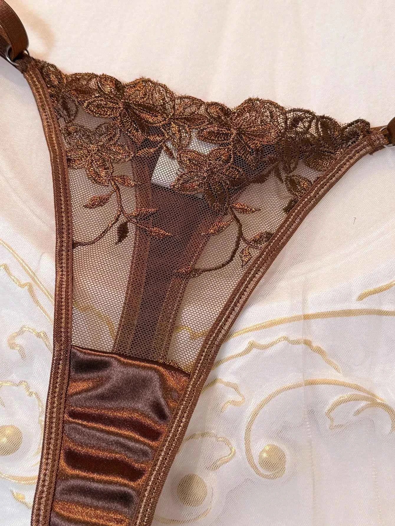 Coffee Brown Floral Embroidery Sheer Mesh Lingerie Set