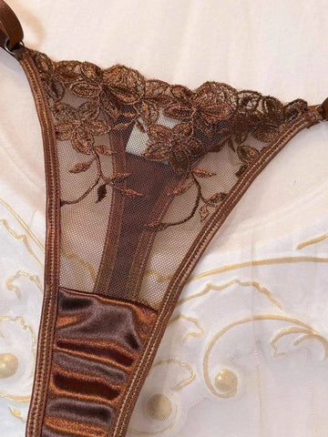 Coffee Brown Floral Embroidery Sheer Mesh Lingerie Set