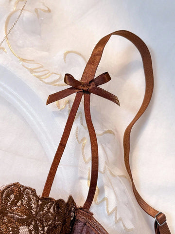 Coffee Brown Floral Embroidery Sheer Mesh Lingerie Set