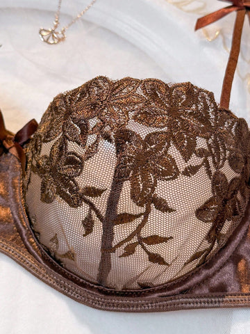 Coffee Brown Floral Embroidery Sheer Mesh Lingerie Set