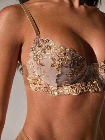 Gold Metallic Floral Embroidery Sheer Mesh Lingerie Set