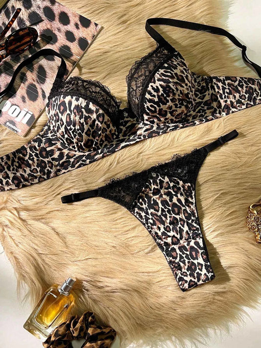 Leopard Print Lace Trim Underwire Push-Up Lingerie Set