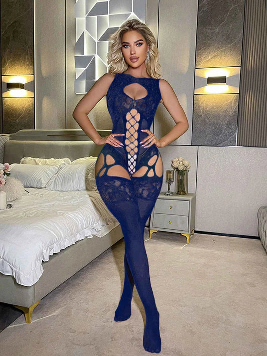 Fishnet Elastic Role Play Bodysuit - Navy Blue