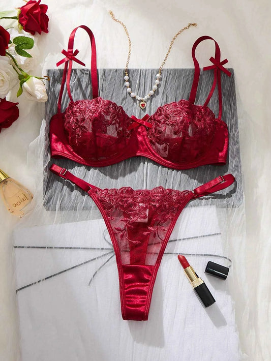 Burgundy Floral Embroidery Sheer Mesh Lingerie Set