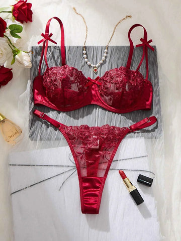 Burgundy Floral Embroidery Sheer Mesh Lingerie Set