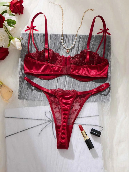 Burgundy Floral Embroidery Sheer Mesh Lingerie Set