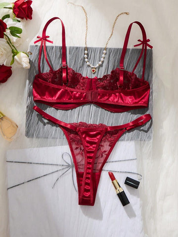 Burgundy Floral Embroidery Sheer Mesh Lingerie Set