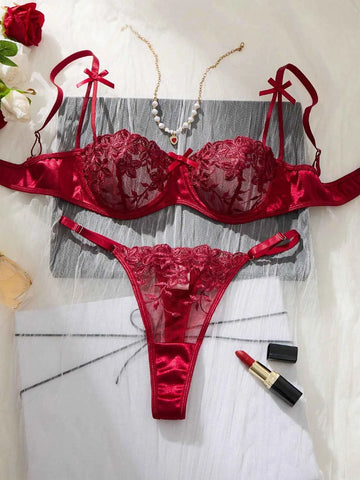 Burgundy Floral Embroidery Sheer Mesh Lingerie Set