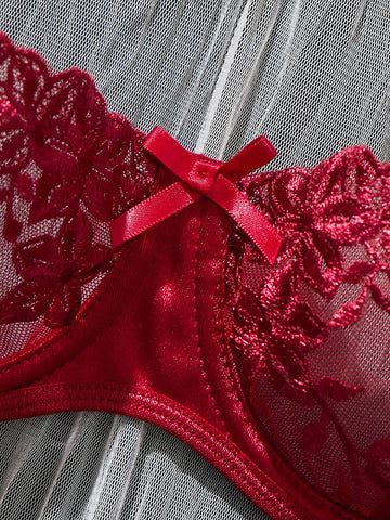Burgundy Floral Embroidery Sheer Mesh Lingerie Set