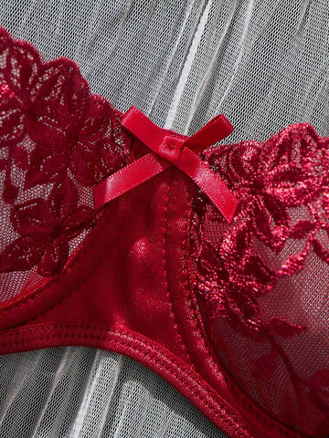 Burgundy Floral Embroidery Sheer Mesh Lingerie Set