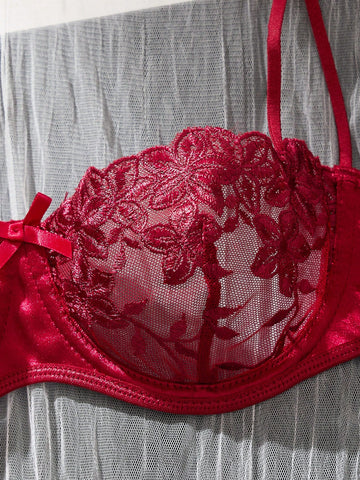 Burgundy Floral Embroidery Sheer Mesh Lingerie Set