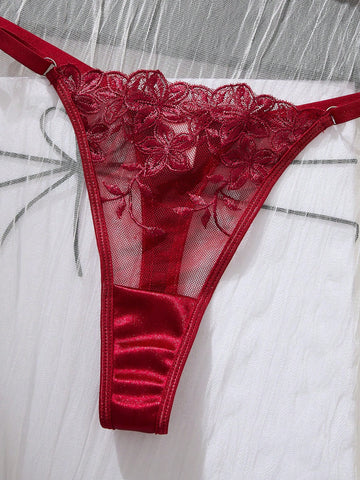Burgundy Floral Embroidery Sheer Mesh Lingerie Set