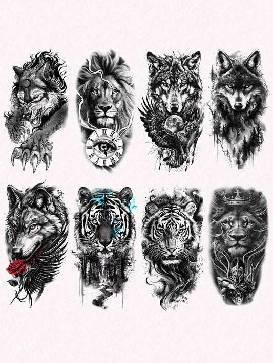 Lion Tiger Wolf Tattoo Set