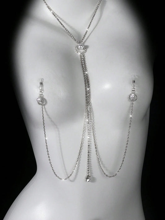 Pearl Rhinestone Nipple Clip Necklace