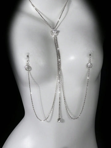 Pearl Rhinestone Nipple Clip Necklace