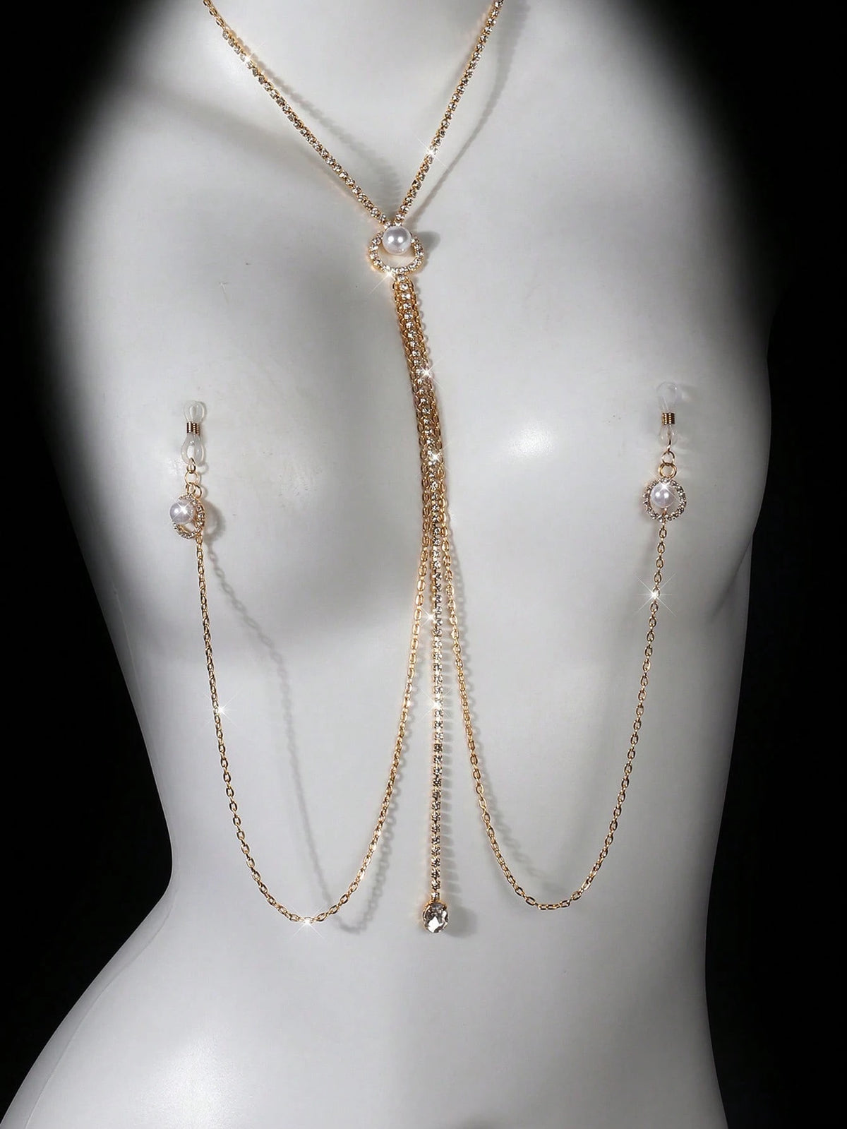 Pearl Rhinestone Nipple Clip Necklace