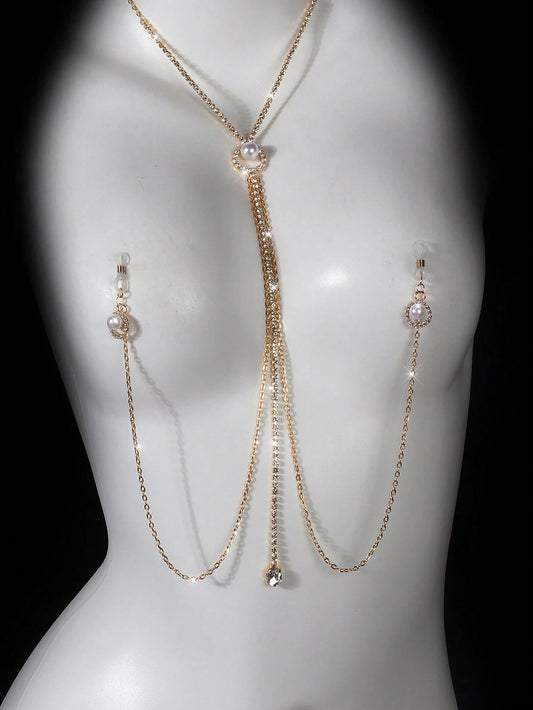Pearl Rhinestone Nipple Clip Necklace