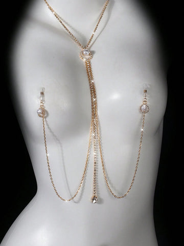 Pearl Rhinestone Nipple Clip Necklace
