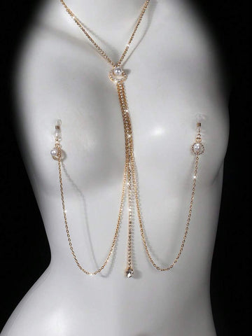 Pearl Rhinestone Nipple Clip Necklace
