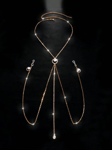 Pearl Rhinestone Nipple Clip Necklace