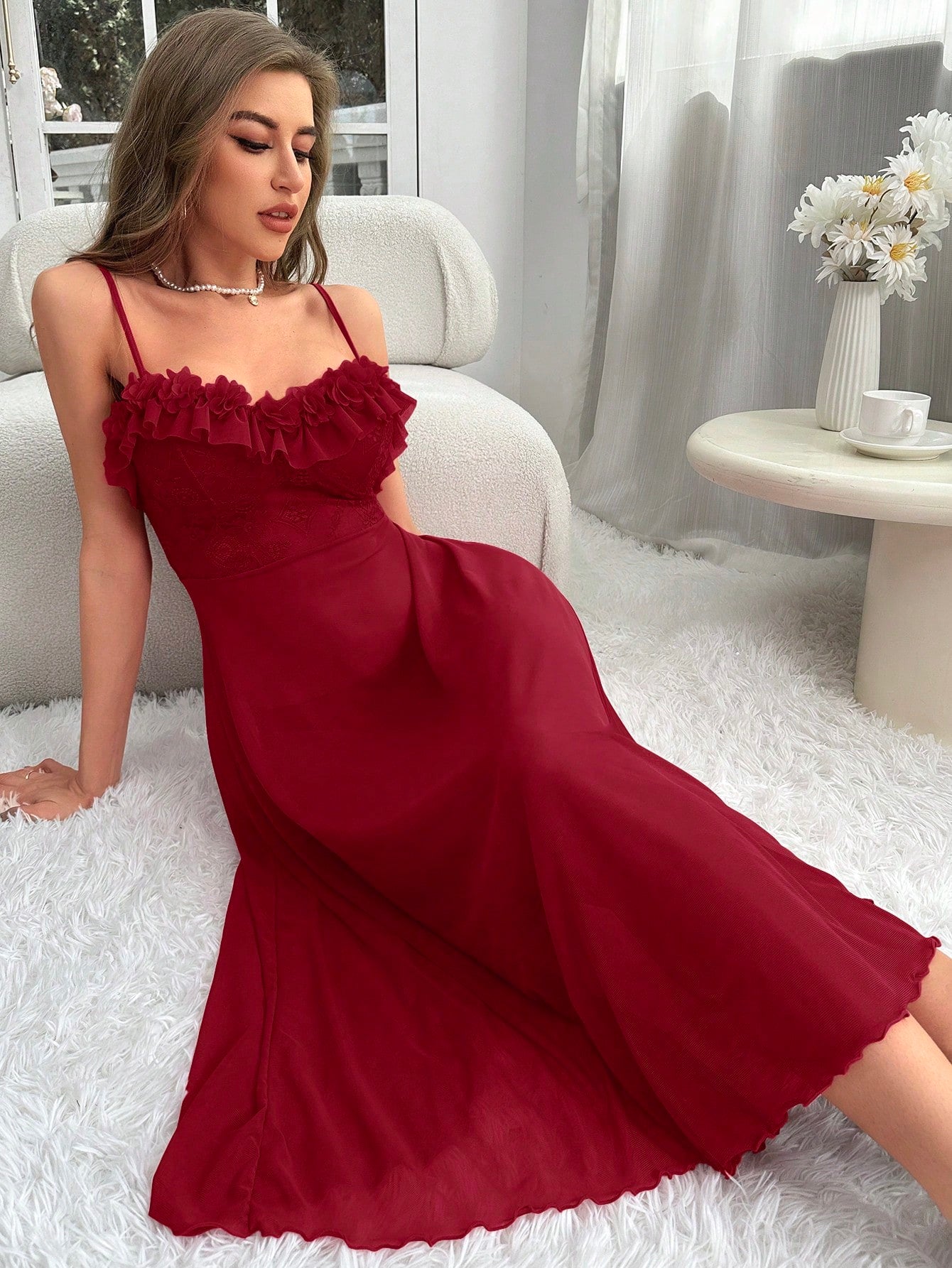Solid Ruffle Trim Camisole Nightie - TFI Lingerie Pakistan - Image 3