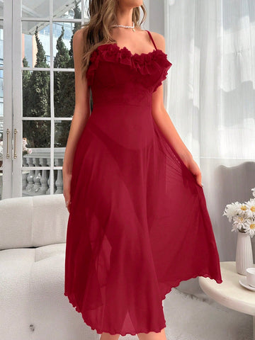 Solid Ruffle Trim Camisole Nightie - TFI Lingerie Pakistan - Image 4