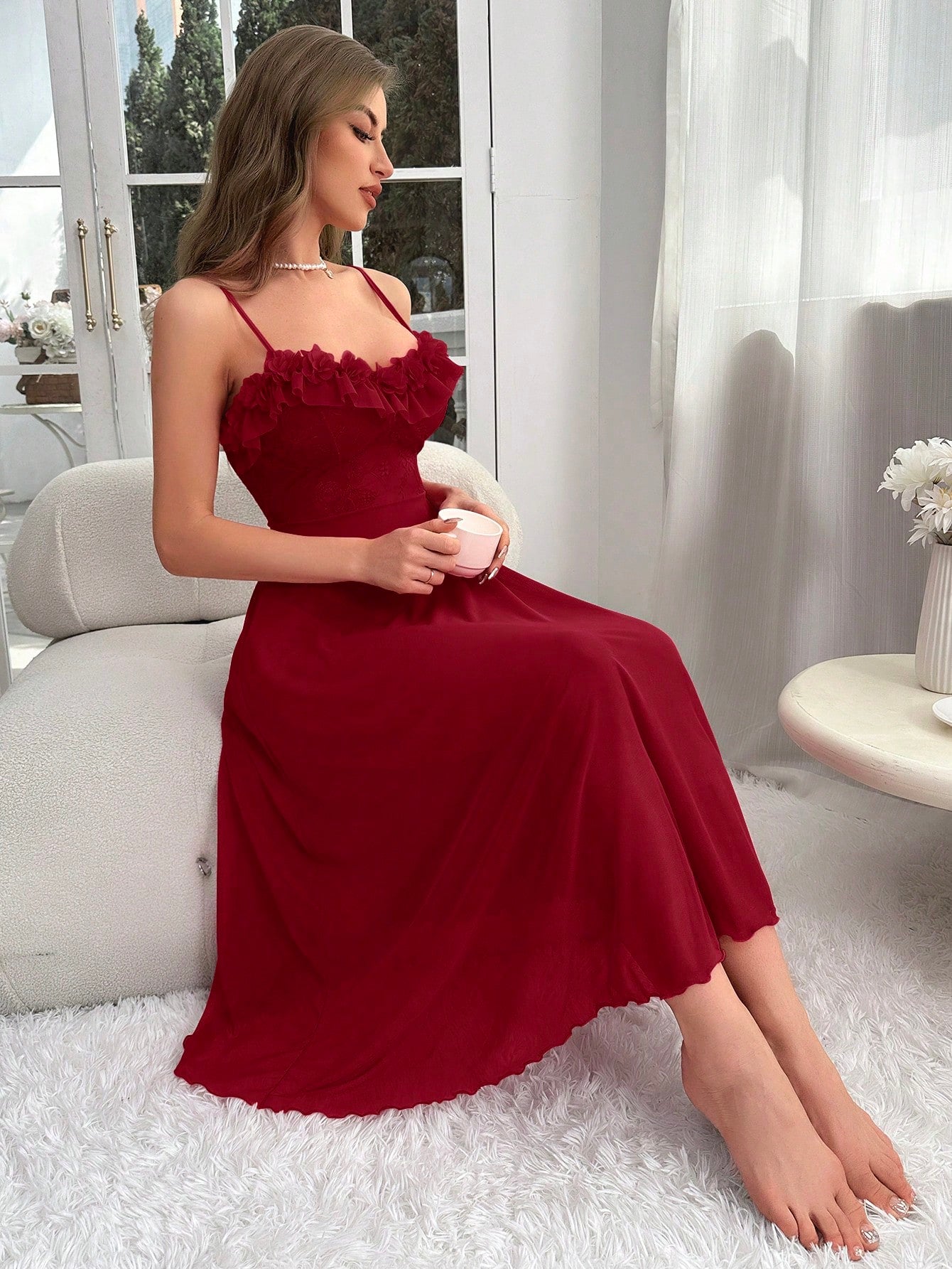 Solid Ruffle Trim Camisole Nightie - TFI Lingerie Pakistan - Image 5