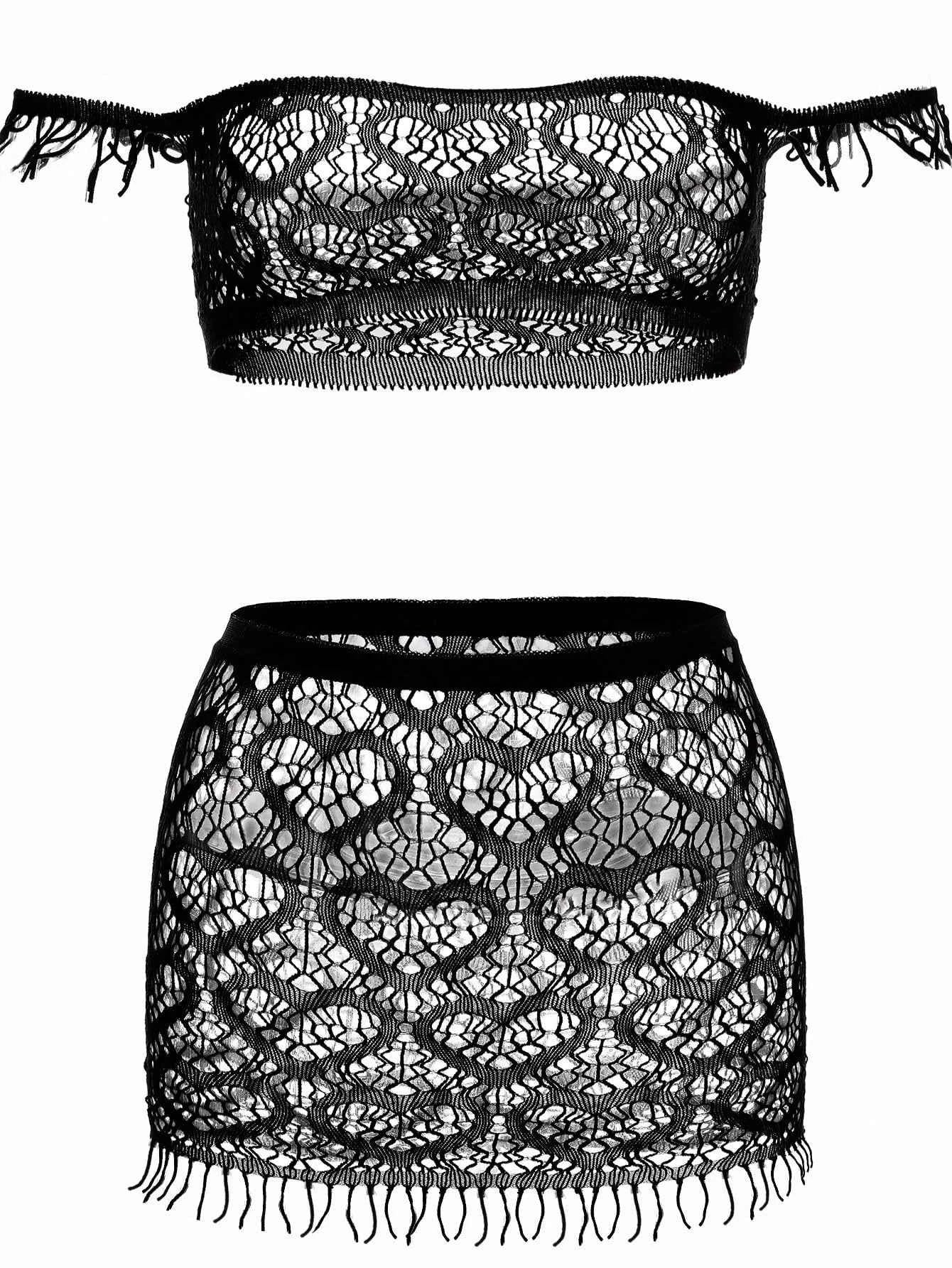 Off-Shoulder Crop Top Mini Skirt Set - Black