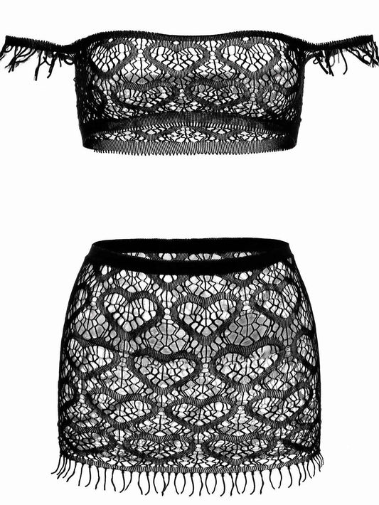 Off-Shoulder Crop Top Mini Skirt Set - Black