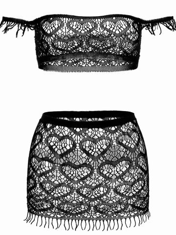 Off-Shoulder Crop Top Mini Skirt Set - Black