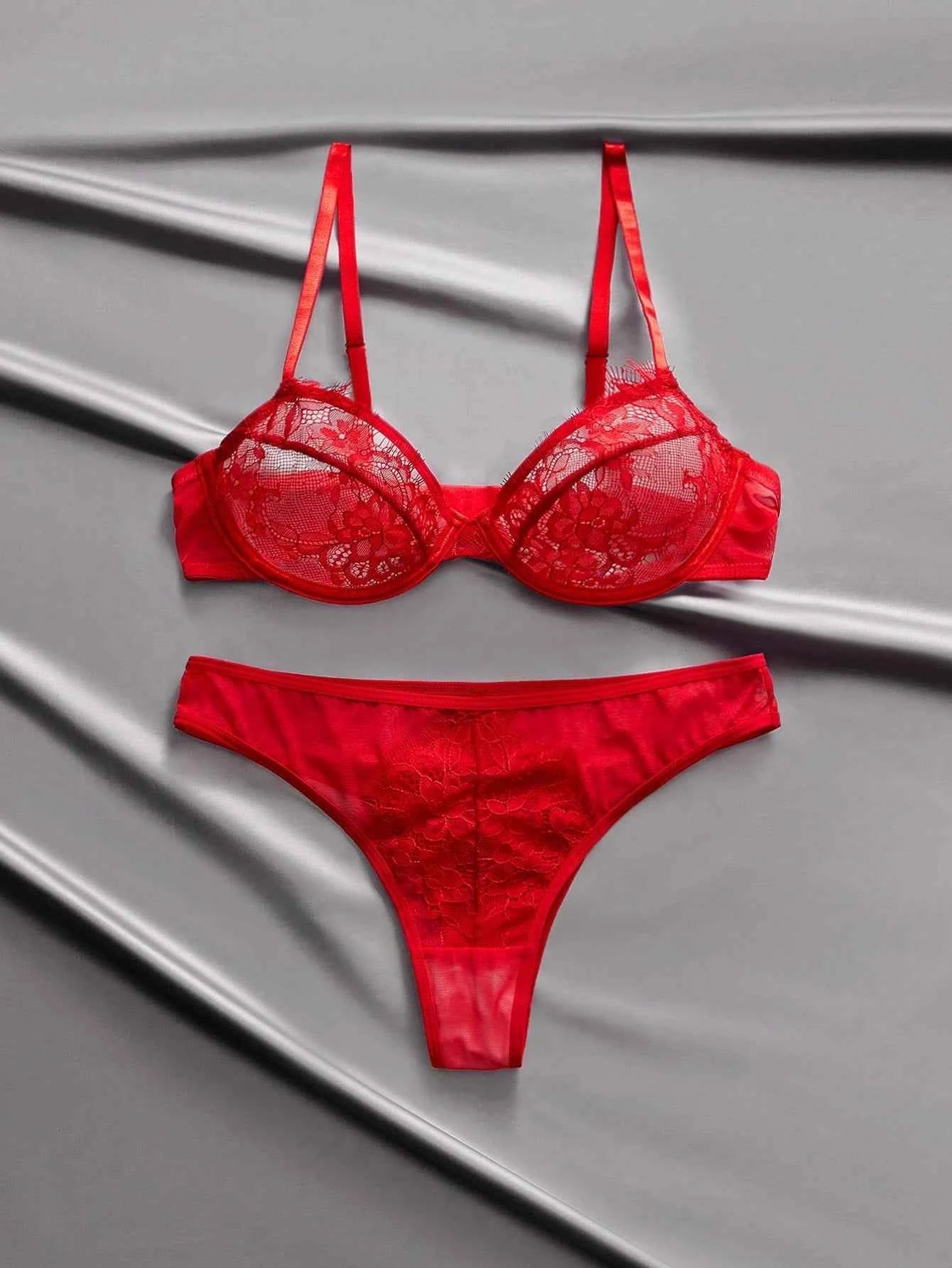 Red Satin Lace Sheer Mesh Lingerie Set – Valentine's Day Special