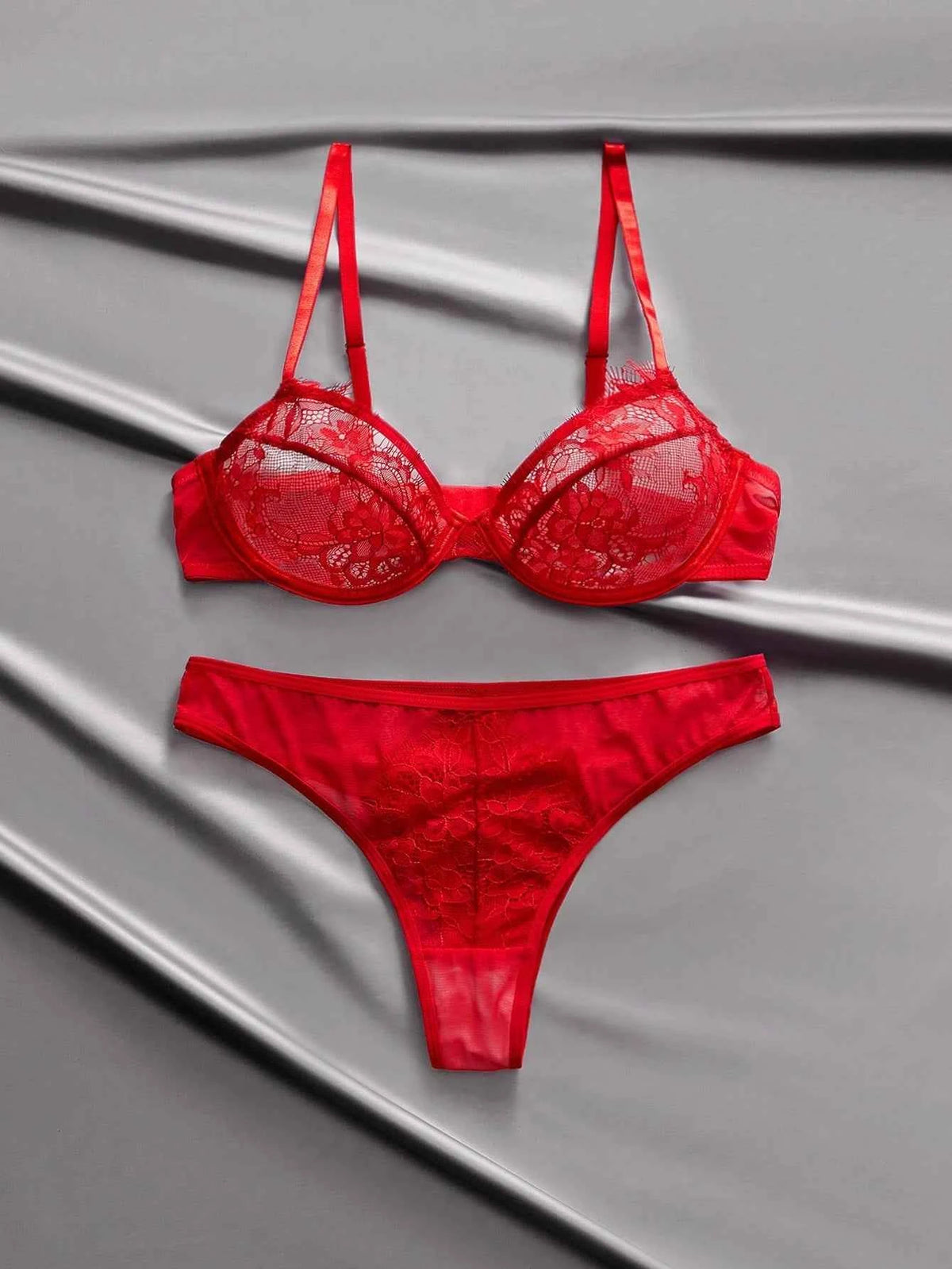 Red Satin Lace Sheer Mesh Lingerie Set – Valentine's Day Special