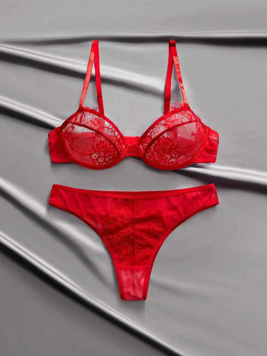 Red Satin Lace Sheer Mesh Lingerie Set – Valentine's Day Special