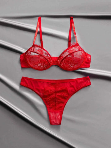 Red Satin Lace Sheer Mesh Lingerie Set – Valentine's Day Special