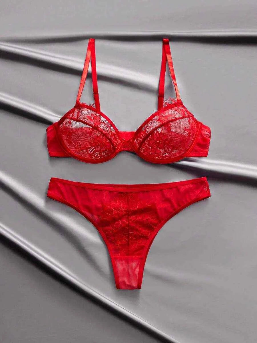 Red Satin Lace Sheer Mesh Lingerie Set – Valentine's Day Special