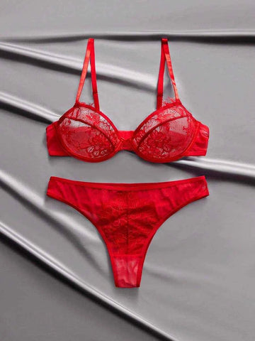 Red Satin Lace Sheer Mesh Lingerie Set – Valentine's Day Special