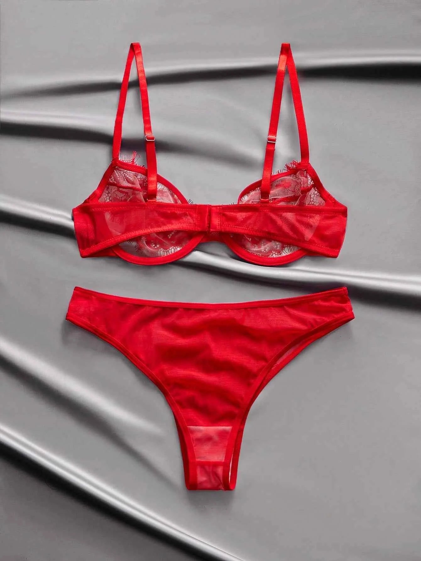 Red Satin Lace Sheer Mesh Lingerie Set – Valentine's Day Special