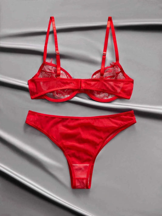 Red Satin Lace Sheer Mesh Lingerie Set – Valentine's Day Special